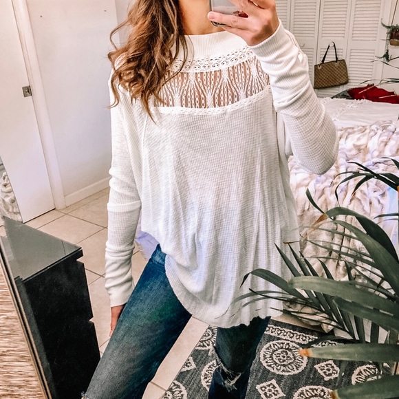 Free People Tops - Free People ivory waffle knit lace flowy pullover